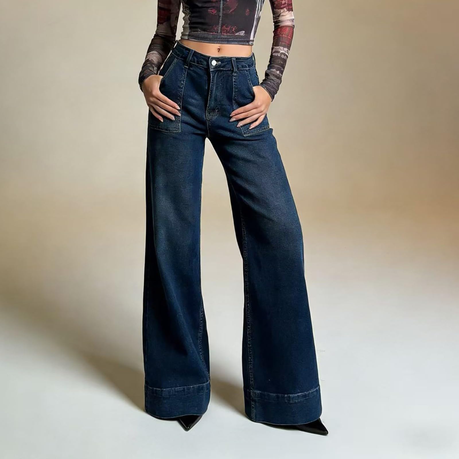Jeans Donna Larghi Jeans Elasticizzati Gamba Larga Casual Pantaloni Vita Alta Curvy Leggeri Tempo Libero Pantaloni Denim Baggy Larghi Palazzo Taglie Forti Pantalone Comodi Moda Hiphop