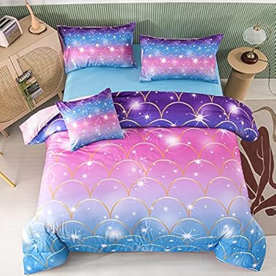 PERFEMET 6Pcs Mermaid Scale Comforter Sets Twin Size, 3D Pink Glitter Bed in A Bag for Teens Girls, Colorful Rainbow… 61ld9Nb+s+L. SS400