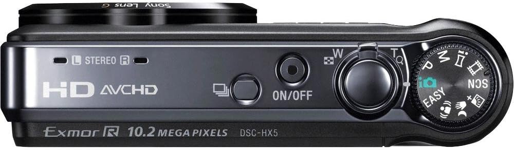 Fuq view of the Sony Cyber-shot DSC-HX5V camera, showing the stereo microphones, HD AVCHD logo, power button, shutter button with zoom lever, and mode dial.