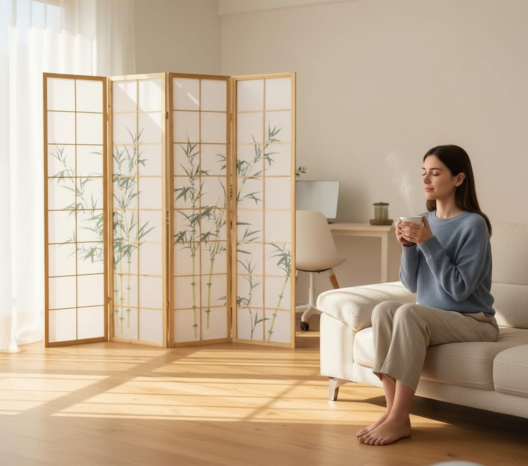 Homestyle4u Czteroosobowa ścianka działowa Shoji naturalny wzór bambusowy, pojedyncza/mała