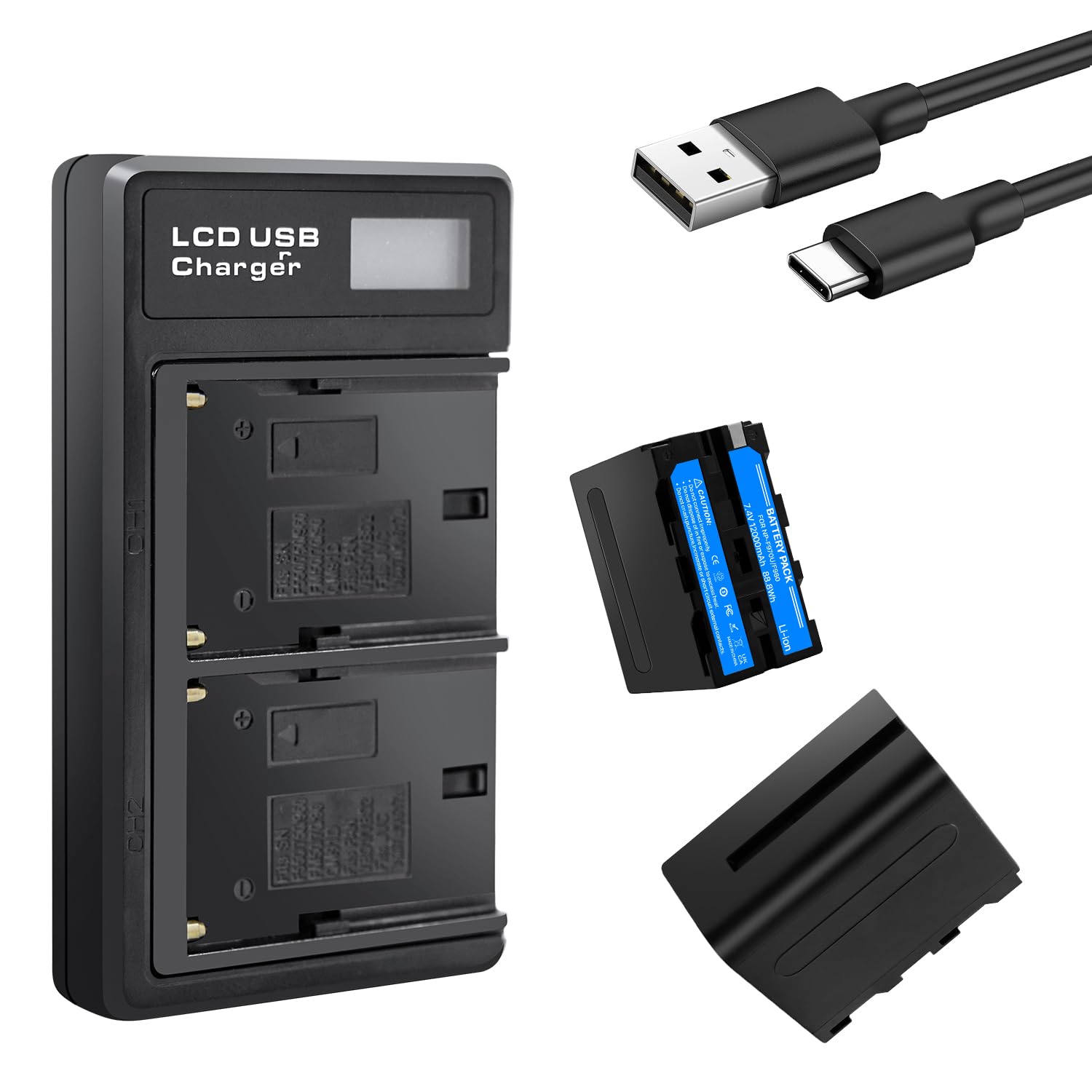 2 Pack NP-F970 Battery with Charging Station, 12000mAh New Upgrade High Capacity Battery Replacement for Sony DCR-VX2100, DSR-PD150, DSR-PD170, FDR-AX1, HDR-AX2000, HDR-FX1,HDR-FX7, HDR-FX1000, etc