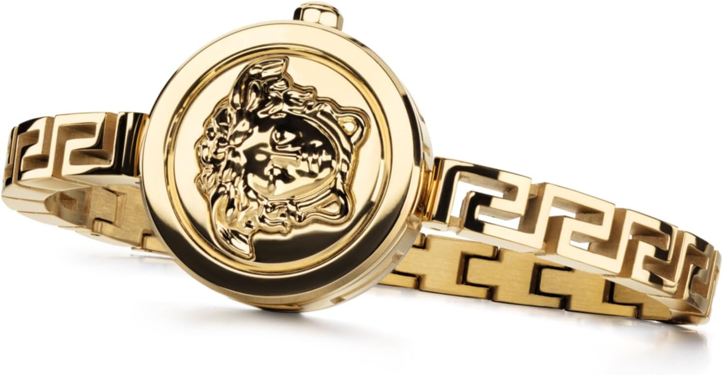 Versace Medusa Secret Collection Luxury Womens Watch Timepieces with a Gold Bracelet and Case Featuring a Black Dial