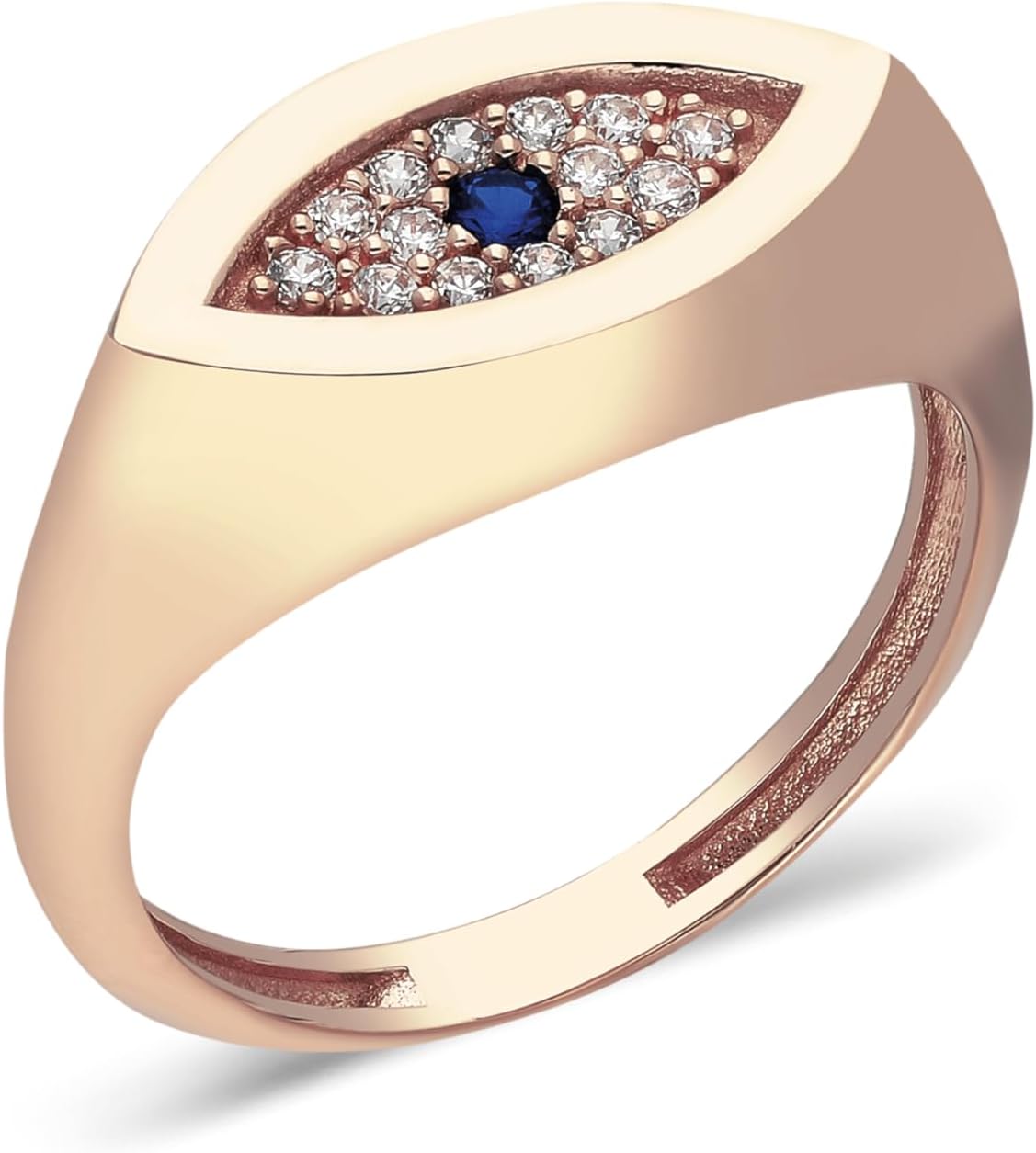 14k Solid Gold Sapphire Ring | Round Shaped Blue Sapphire Evil Eye Stacking Ring | Sapphire Pinky Ring | Diamond and Sapphire Unique Ring for Women