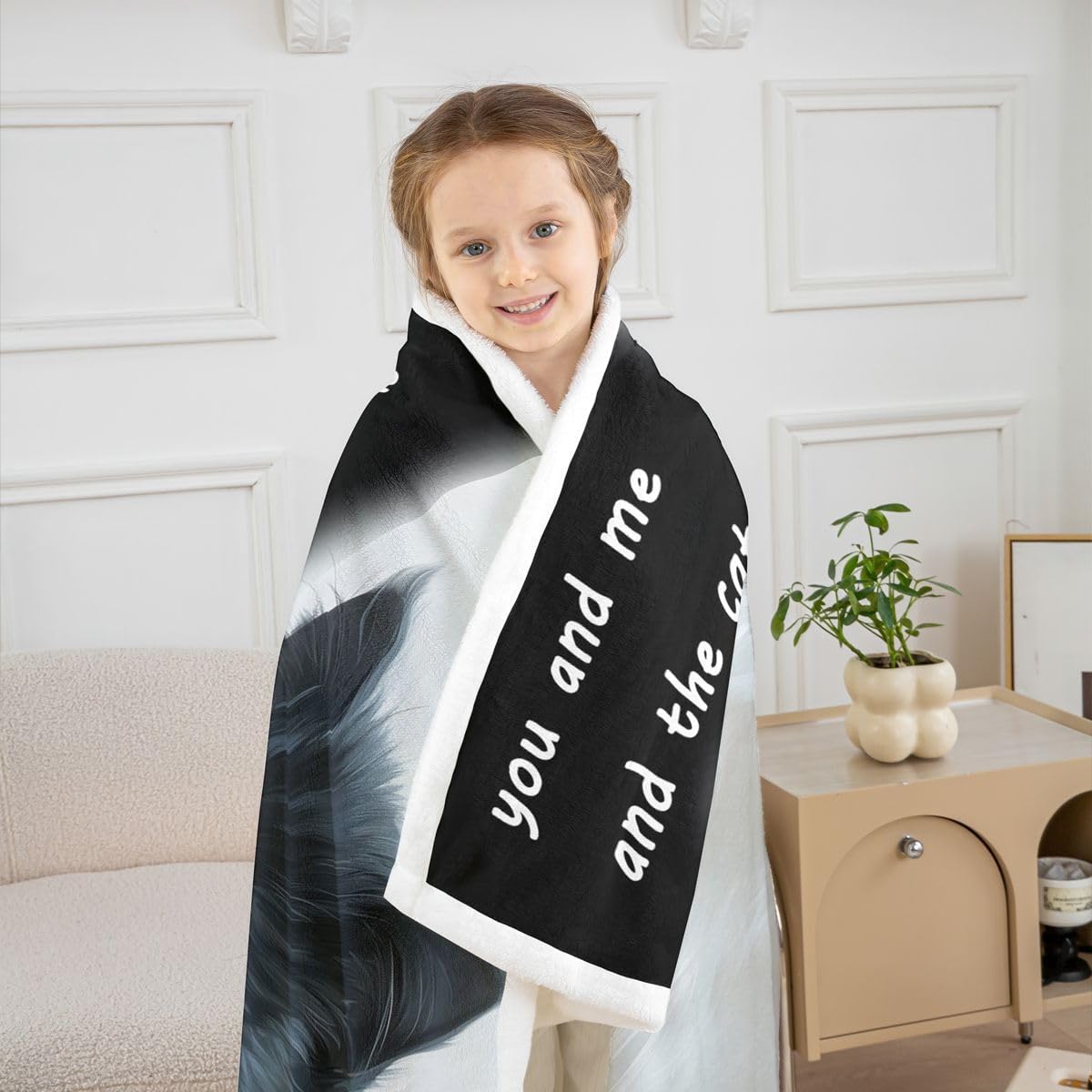 Erosebridal Black White Cats Fleece Blanket Baby 30"x40" 3D Cute Cat Warm Plush Sherpa Blanket Pet Lover Fuzzy Plush Throw Blue Eyes Letter Room Decor
