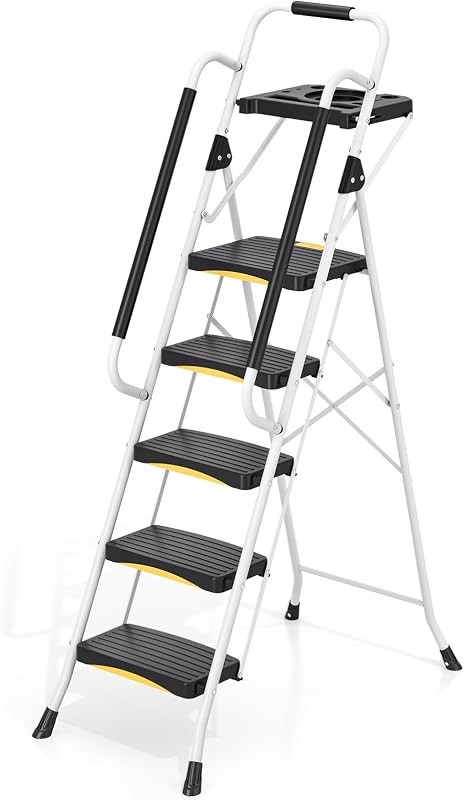 5 Step Ladder for Home,Folding Step Stool for Adults,800LBS,White | Tool Platform, Safety Lock, Anti-Slip Wide Pedals, Handrail, Heavy Duty,Indoor, Workshop, Kitchen, Pantry, Office