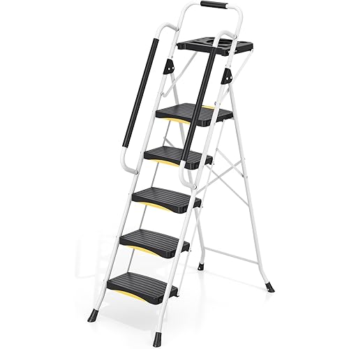 Urackify 5 Step Ladder with Tool Tray, Folding Steel Step Stool with Safety Lock, Anti-Slip Wide Pedals, Large Load Capacity, Handrail, Heavy Duty Ladder for Multi-Purpose, Indoor, Office