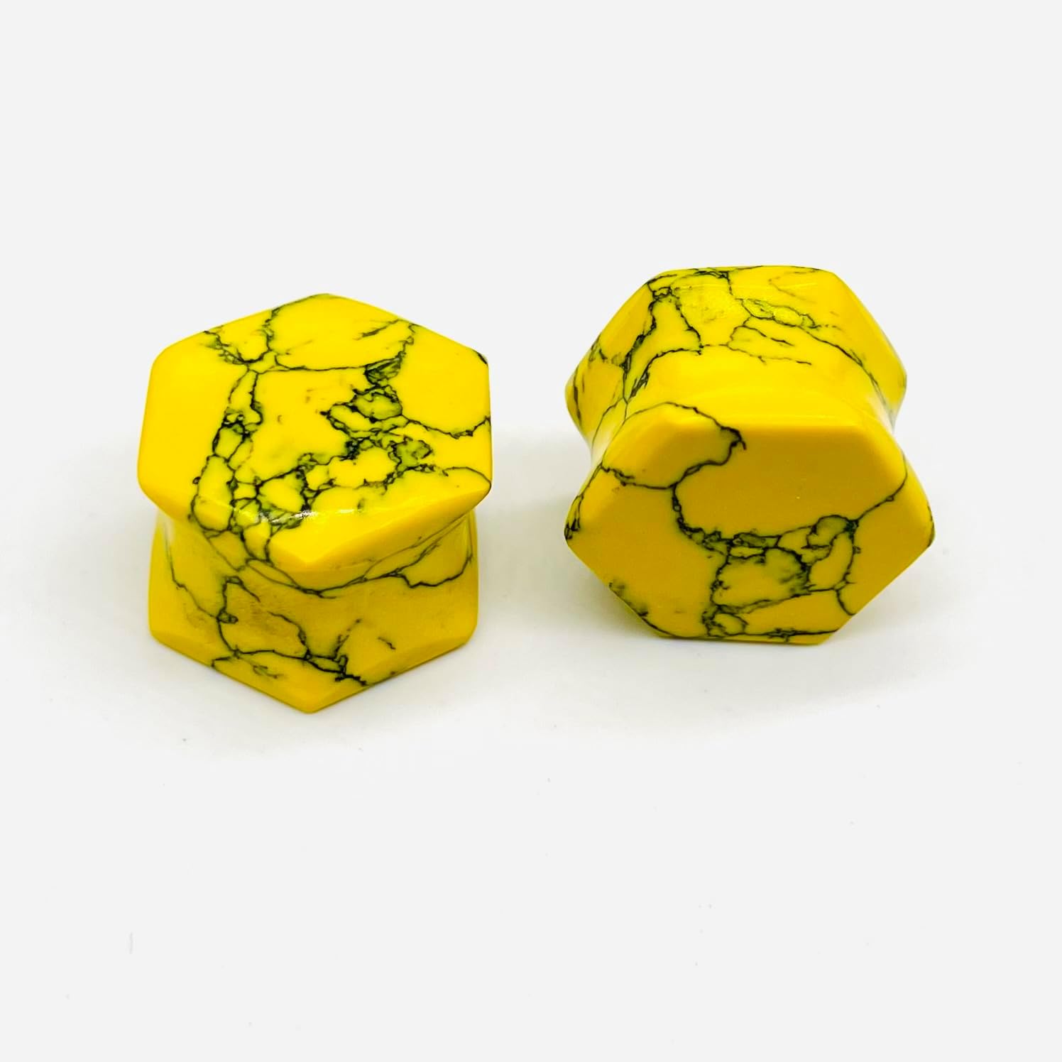 Yellow Turquoise Stone Double Flared Hexagon Ear Plugs – Handmade Stone Gauges – Body Piercing Jewelry for Stretched Ears