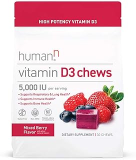 HumanN Vitamin D3 Chews with 5,000 IU of high-Potency Vitamin D3 for Immune Health Support, Mood, Respiratory, and Bone Health Support, Mixed Berry Flavor, 30-Count