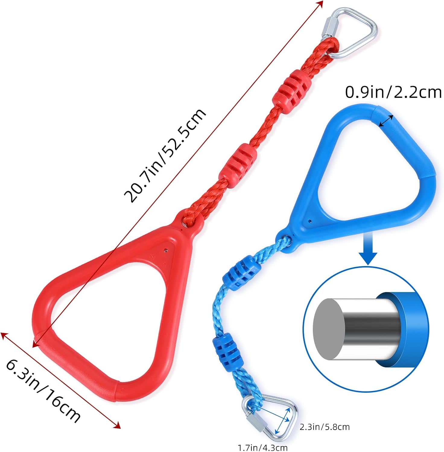 PELLOR 4 Colorful Ninja Rings, Gymnastic Rings Trapeze Swing Bar Ring with Triangle Handle for Home Gym Playground Ninja Warrior Obstacle Course Training Workout