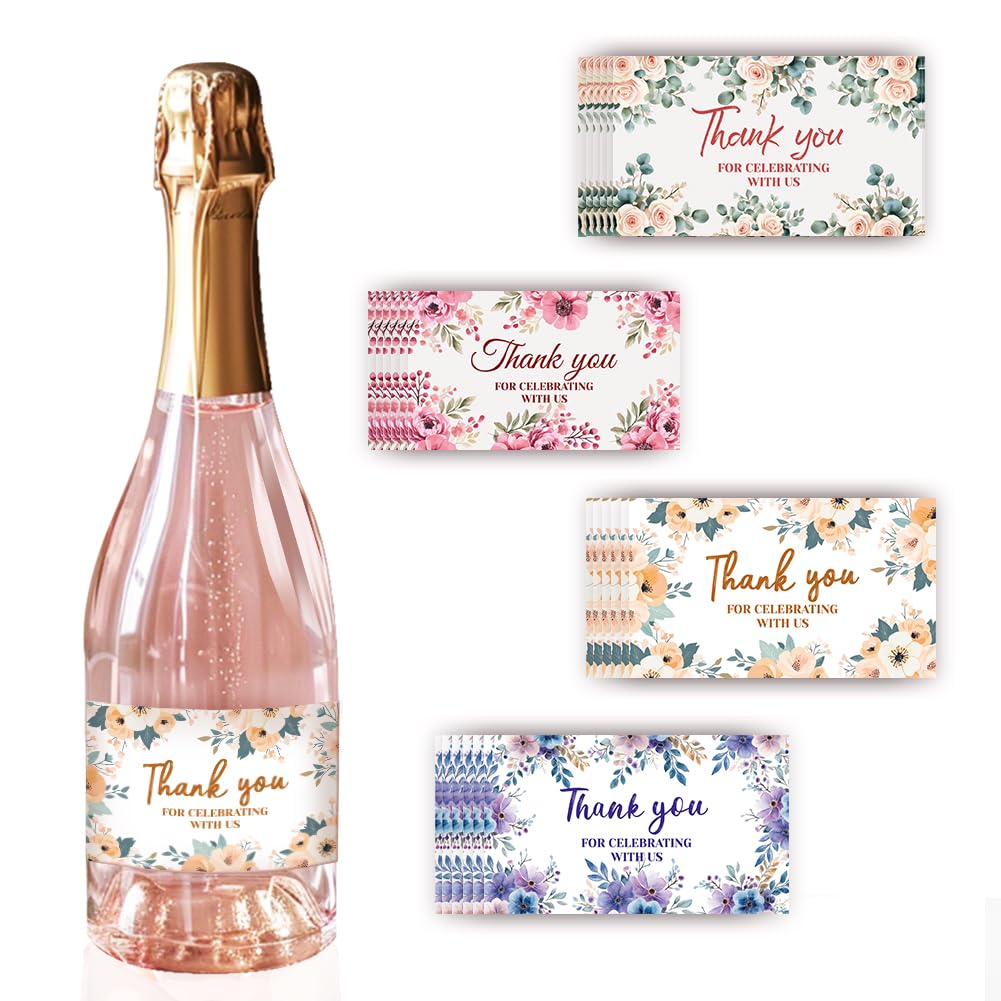 PH PandaHall 40pcs Wine Bottle Label Stickers 4 Styles Thank You Celebrating Adhesive Waterproof Labels for Bottle Decorative Flower Bottle Wraps for Wedding Birthday Party Supplies, 3.5x2inch
