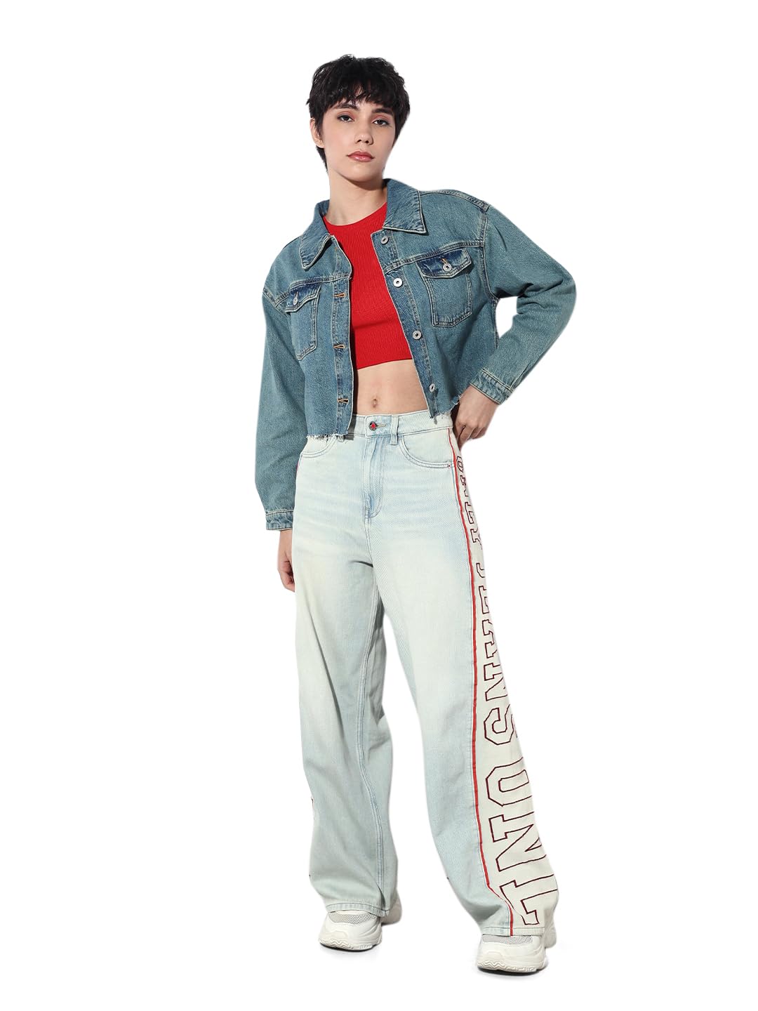 ONLY Women Spread Collar Washed Solid Casual Denim Jacket in blue