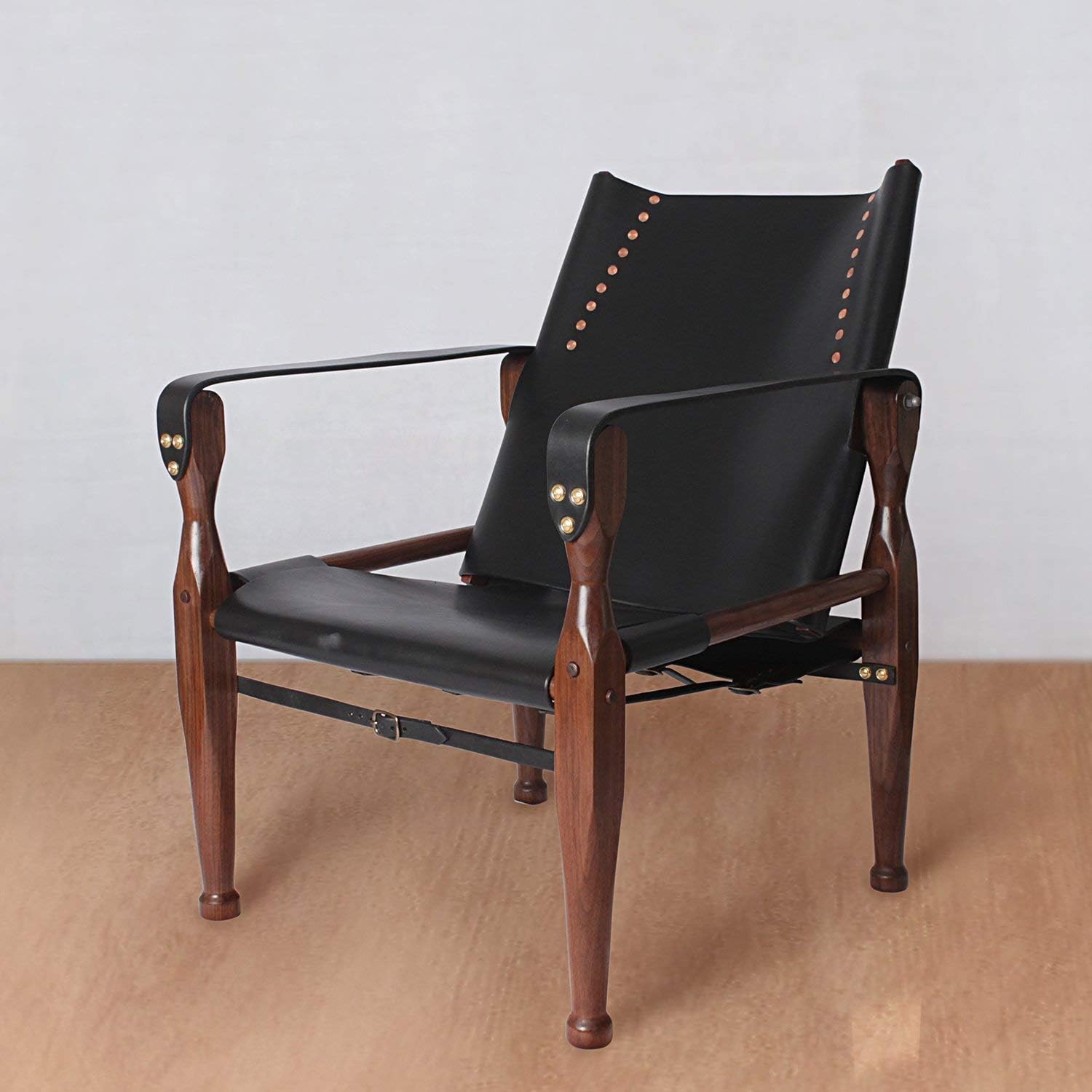 Black Safari Roorkhee Campaign Camp Leather Wood Lounge Sling Chair Custom Bespoke Outdoor Drinking Relaxing Furniture