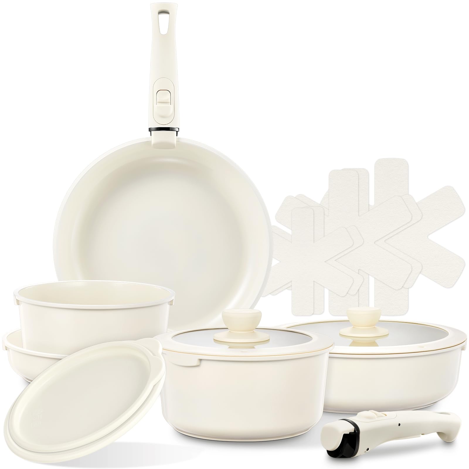 FOHERE Set di pentole e padelle antiaderenti in ceramica con 2 manici rimovibili, set da 16 pentole a induzione con coperchio per tutti i piani cottura, forno e frigorifero