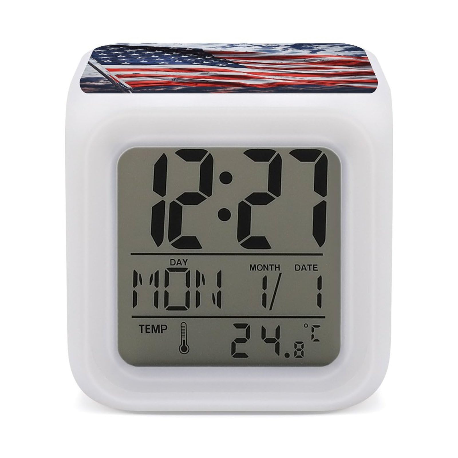 JTREHY 7 Color Changing LED Digital Alarm Clock,US Flag Printed Wake-up Clock with Temperature Display Home Decoration Alarm Clock for Bedroom Office