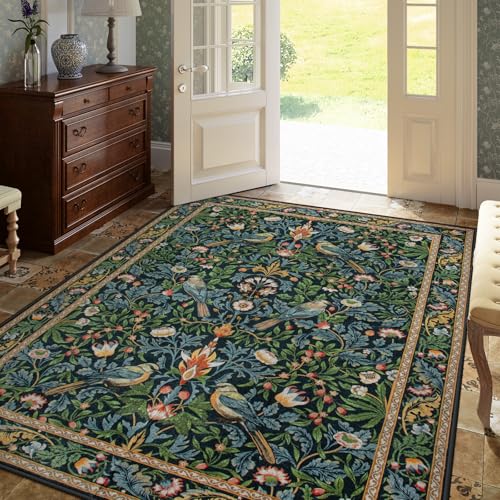 Beeiva Vintage Botanical Rug, Dark Green/Navy Blue, 5x7 for Living & Dining Rooms