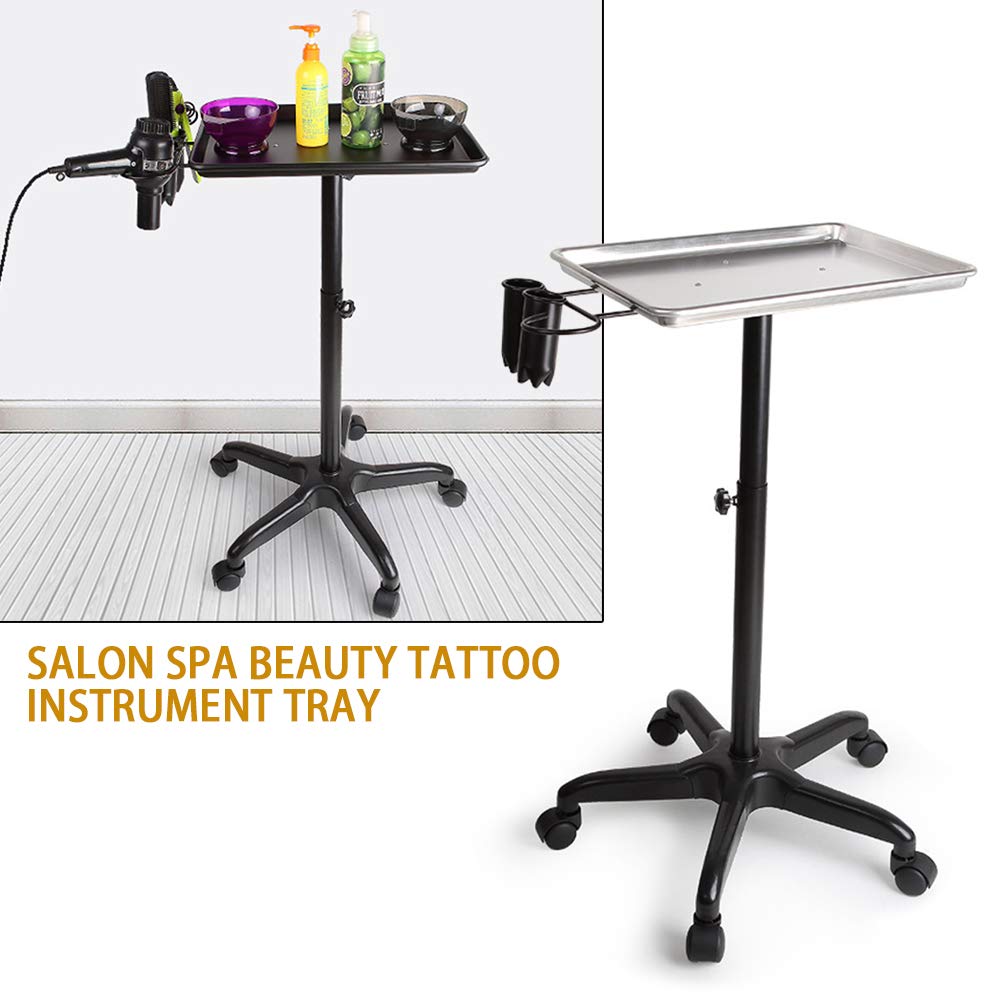 Wózek na kółkach do salonu z 2 uchwytami na kubki i metalową pętelką, wózek do fryzjerstwa fryzjerskiego, spa, tatuażu i narzędzi stomatologicznych, mobilna metalowa taca (srebrna)