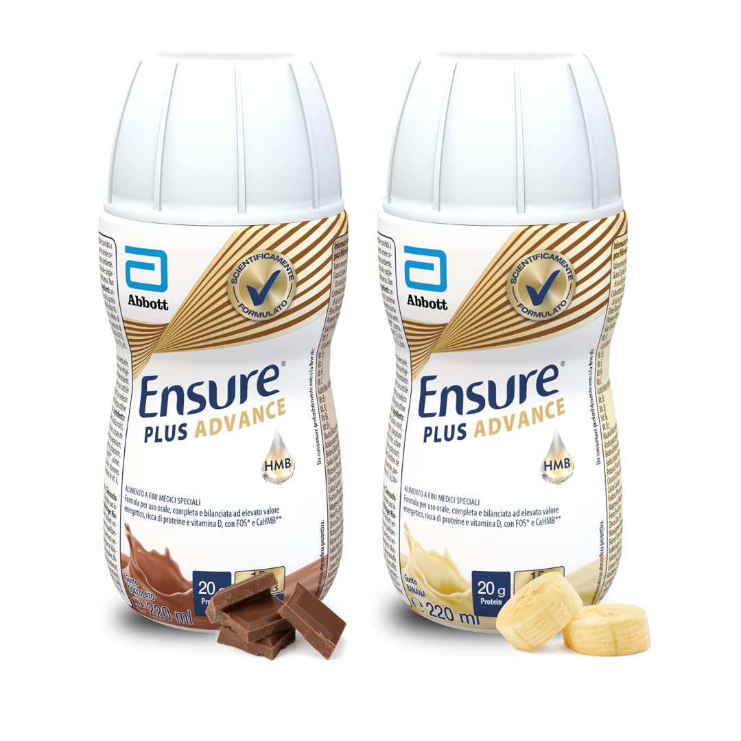 Ensure Plus Advance Supplemento Nutrizionale Ipercalorico ed Iperproteico |Formato bevanda| Alimento a fini medici speciali con Vitamine e Minerali | Multipacco 8x220ml Gusto Cioccolato e Gusto Banana