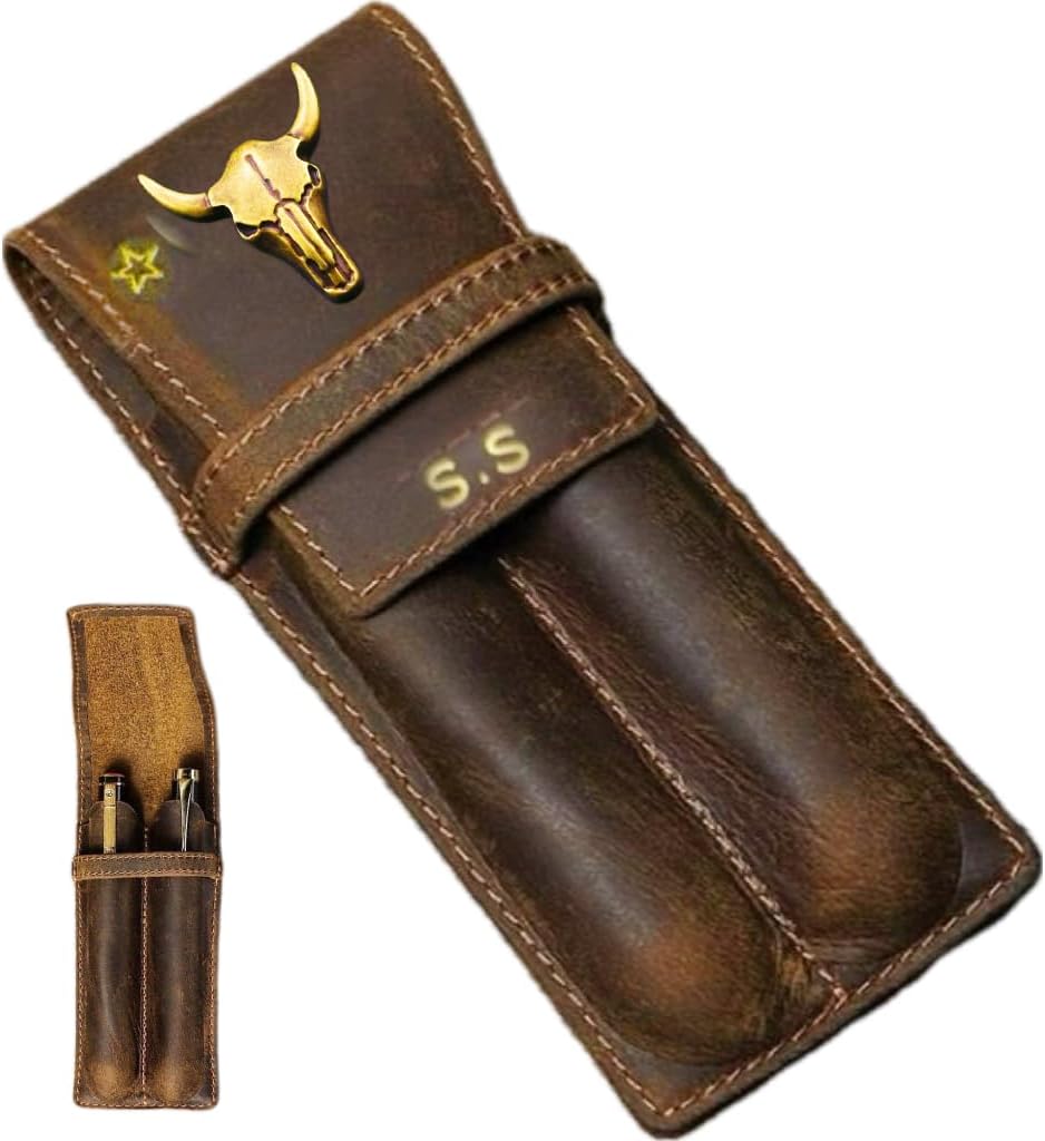 Custom Vintage Leather Pen Case - Crazy Horse Leather, Turquoise & Copper Ornaments Inlay, Personalized for Business,Travel & study