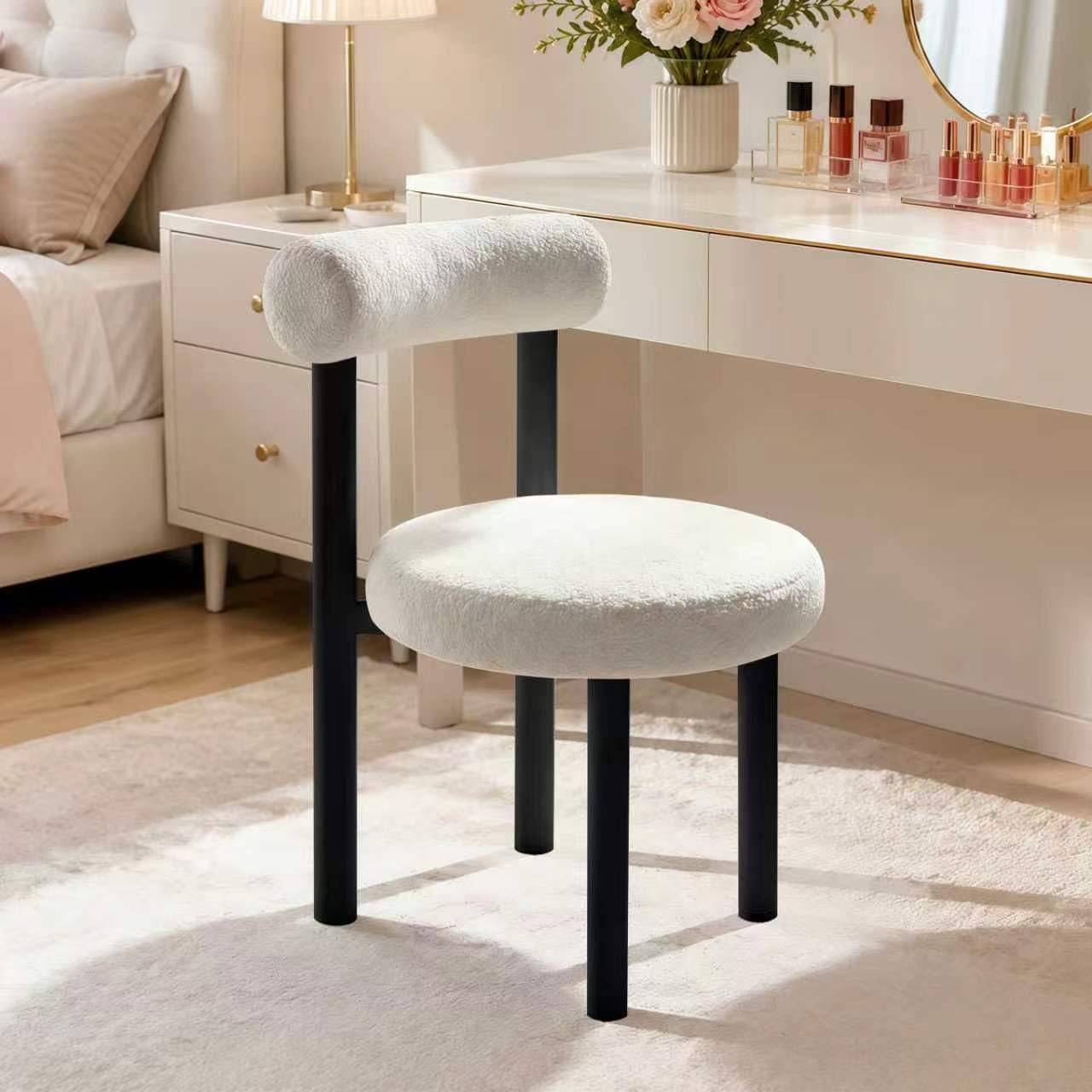 WXJHL Small Armless Office Chair, Ergonomic Teddy Fabric Vanity Stool with Open Back and Lumbar Support, for Office, Living Room, Bedroom