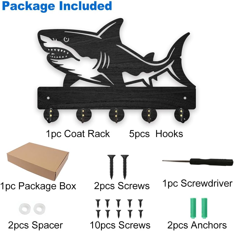 MAYJOYDIY Wooden Shark Wall Mount Coat Rack Sea Fish Key Hanger for Wall 11.8×7.9inch Sea Ocean Creatures Key Holder Rack 5 Alloy Hooks Sea Life Wall Art Decor for Gift Living Room Office Entryway image 3