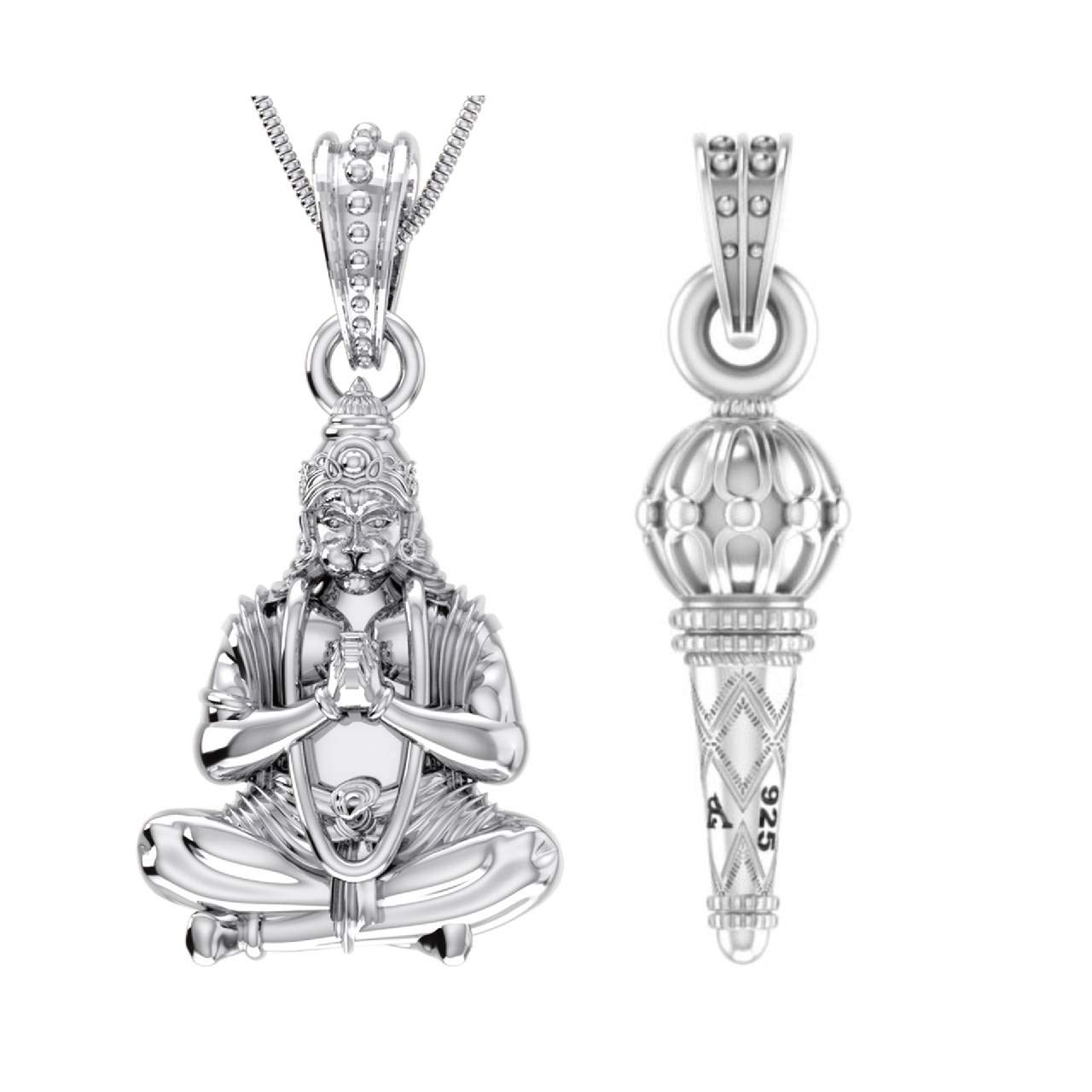 Akshat Sapphire Sterling Silver (92.5% purity) combo pack of God Hanuman and Gada Pendants for Men & Women Pure Silver Lord Bajrang Bali and his Gada Lockets for Good Health & Wealth-image-44