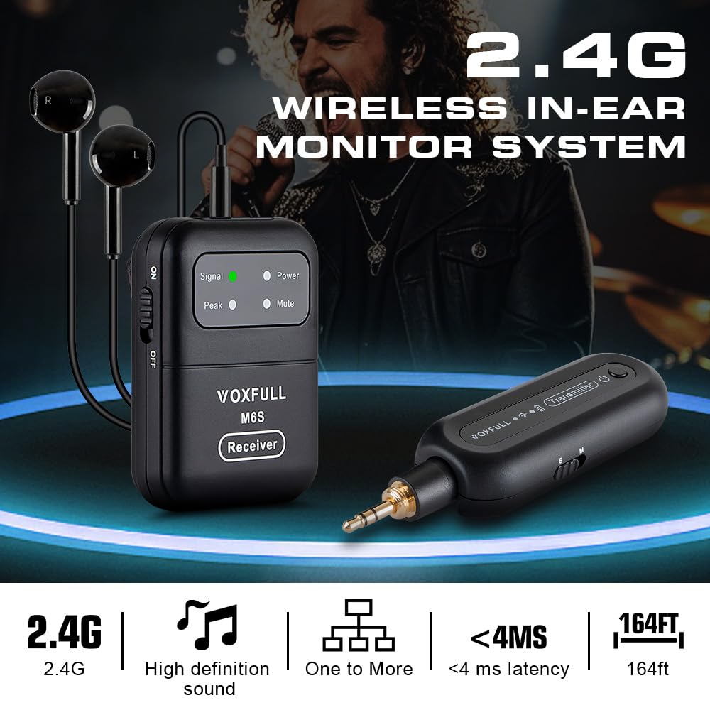 Kabelloses Stereo-In-Ear-Monitorsystem, 2,4 G, kabelloses IEM-System mit Sender, Clip-on-Empfänger, automatische Kopplung, In-Ear-Überwachung für Kirche, Bühne, Live-Performance (M6S)