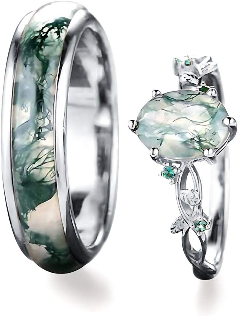 Natural Moss Agate Wedding Rings for Couple, S925 10K 14K 18K Gold Couple Rings Customized Promise Bands Sets for Him and Her for Anniversary Engagement Wedding-04