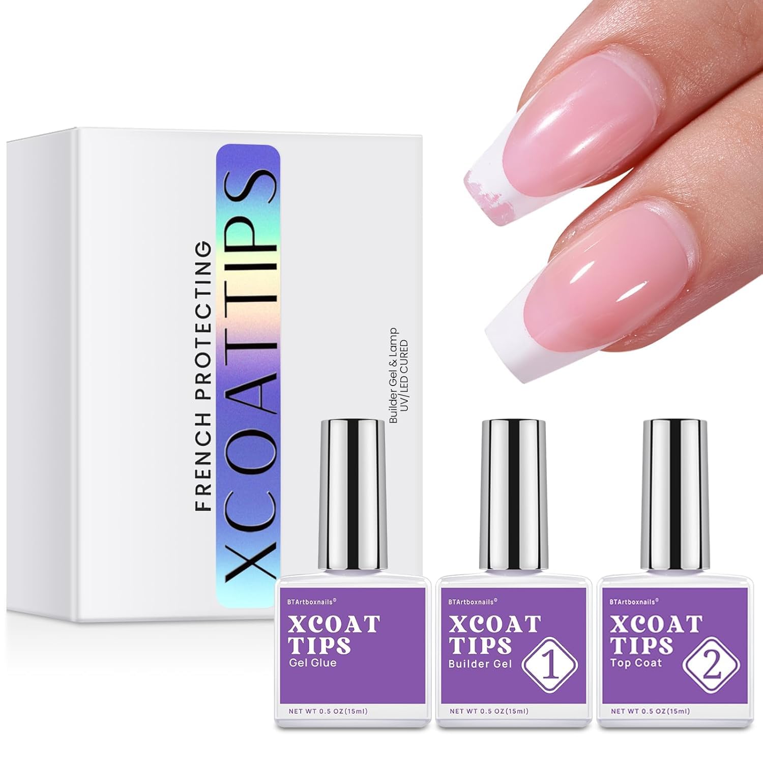 btartboxnails XCOATTIPS - Builder Gel Top Coat Set, Short Square French Tip Press on Nails with Builder Gel Top Coat Set