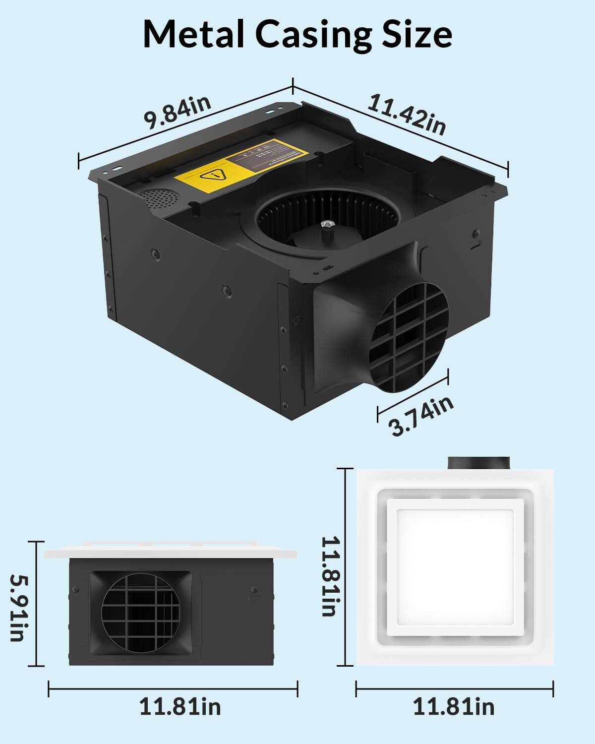 12" Bathroom Exhaust Fan with Light 160 CFM, Ultra Quiet 1.0 Sone, Metal Housing, Cutout 9.8"x9.8", 4 Inch Duct, 6500K 1200Lm LED Light Bath Ceiling Vent Fan for Bathroom Ventilation