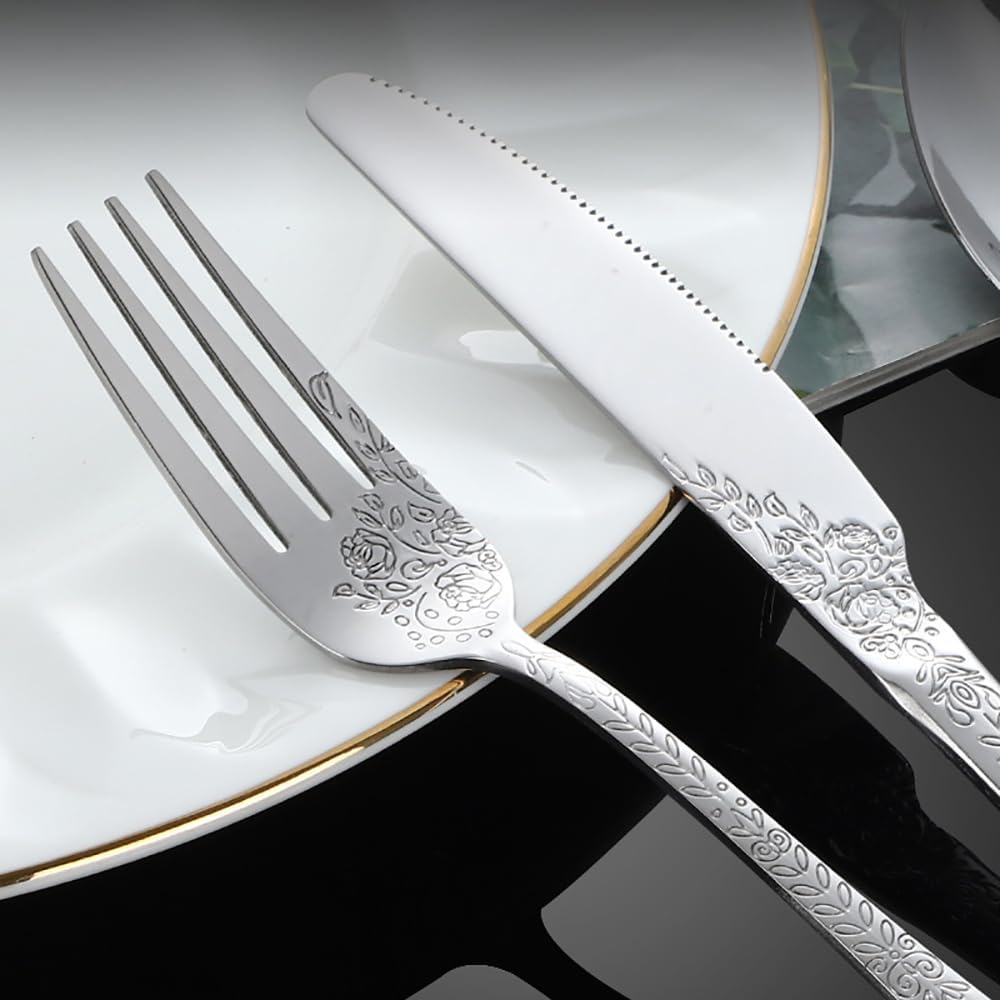 60-Piece Flowers Silverware Set for 12, Style Stainless Steel Flatware Cutlery Serving ls, Eating Tableware for Home Kitchen Hotel Restaurant, Mirror Polished