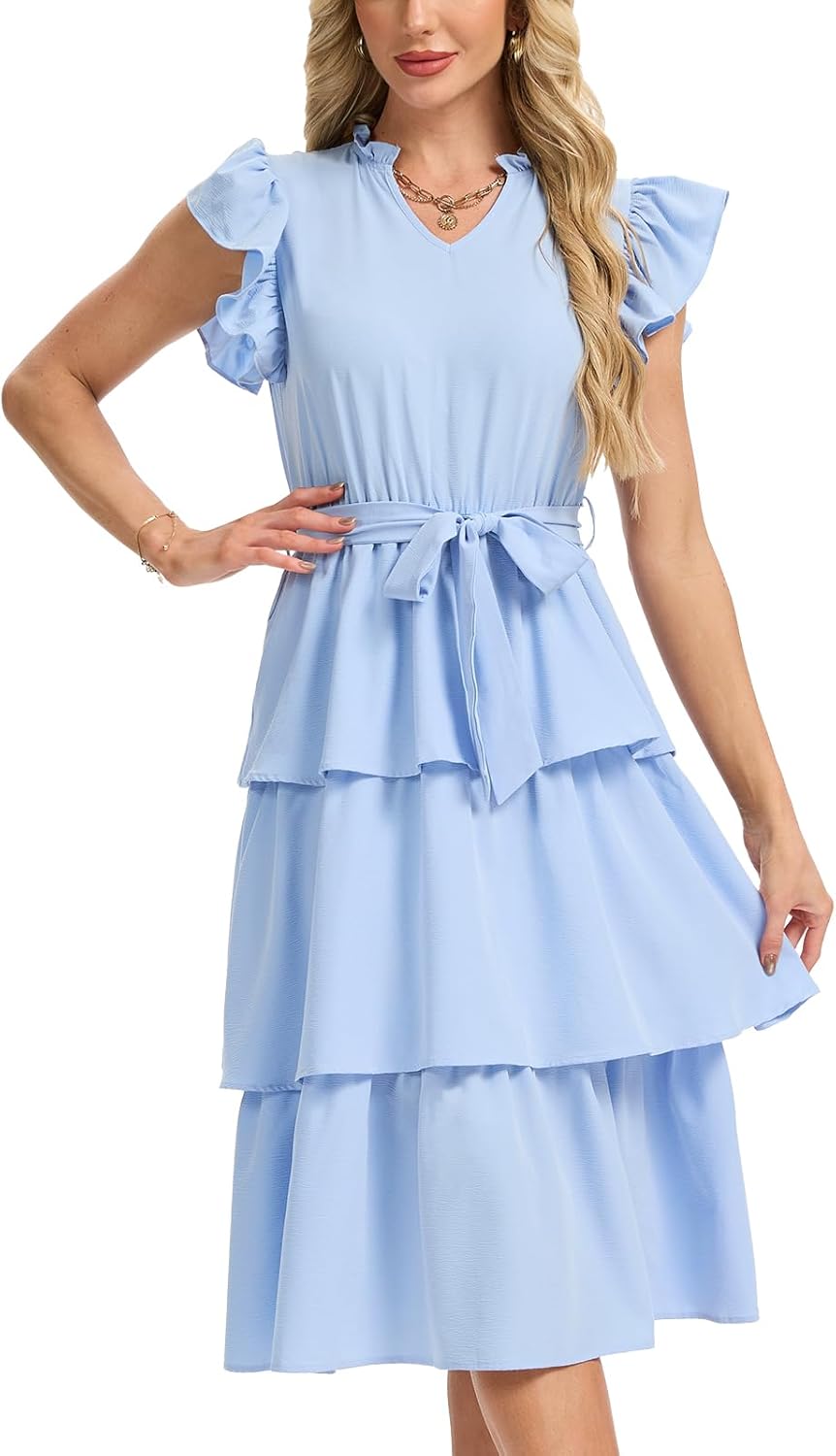 Womens Ruffle Tiered Midi Dress Summer Boho V-Neck Cap Flutter Sleeve Layered Cake Dress Flowy Belted Sundress