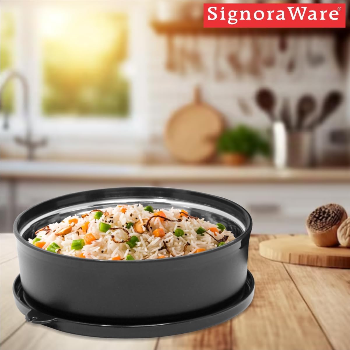 Signoraware 800ml Monarch Classic Big Storage Box & Containers/Microwave Safe/Food Grade/Inner Layer Stainless Steel/Airtight Spill Leak Break Proof/Kitchen & Flat Lunch Box (Black)