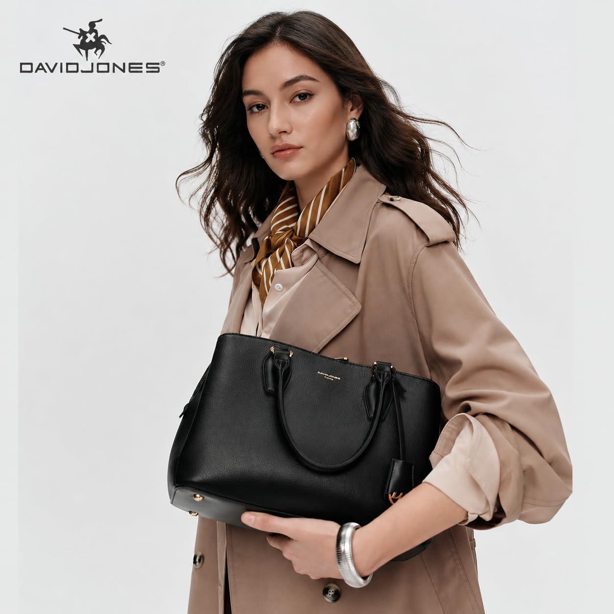 David Jones - Borsa a Mano Donna - Borsa a Tracolla Spalla Simil Pelle PU - Molti Scomparti e Tasche - Città Lavoro Elegante Classico Quotidiana - Nero