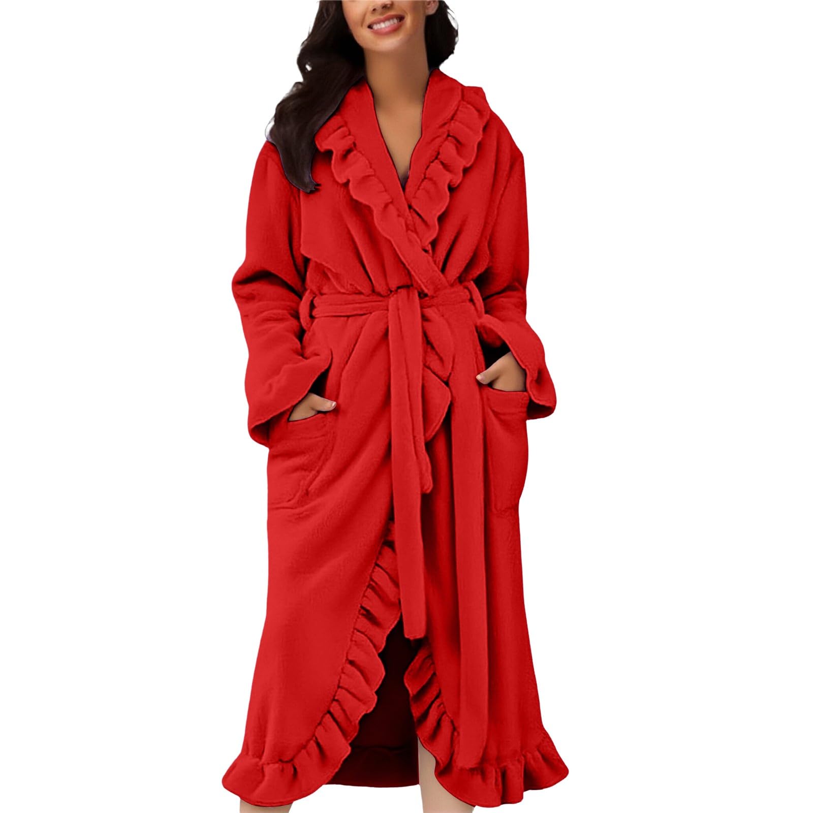 Accappatoio da donna in flanella spessa, leggero, termico, S-XL | Loungewear - Pigiama da donna con volant, vestibilità larga, collo a risvolto, con cintura, tinta unita, caldo negligee
