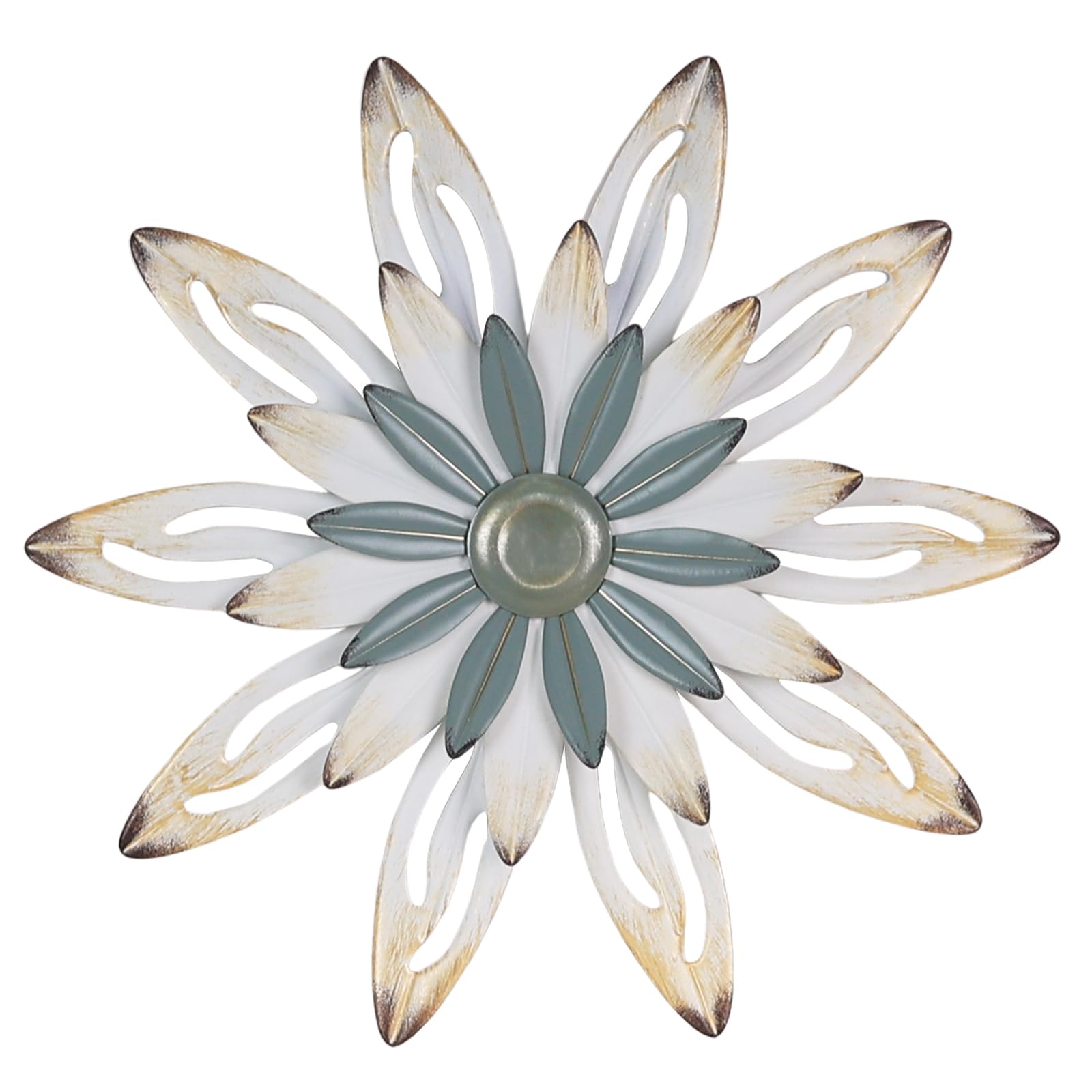 Photo 1 of hogardeck Metal Flower Farmhouse Wall Decor, 16" Large Floral Metal Blue White Wall Art for Indoor Outdoor, Boho Wall Decor for Bathroom, Living Room, Kitchen, Bedroom, Porch, Garden, Yard