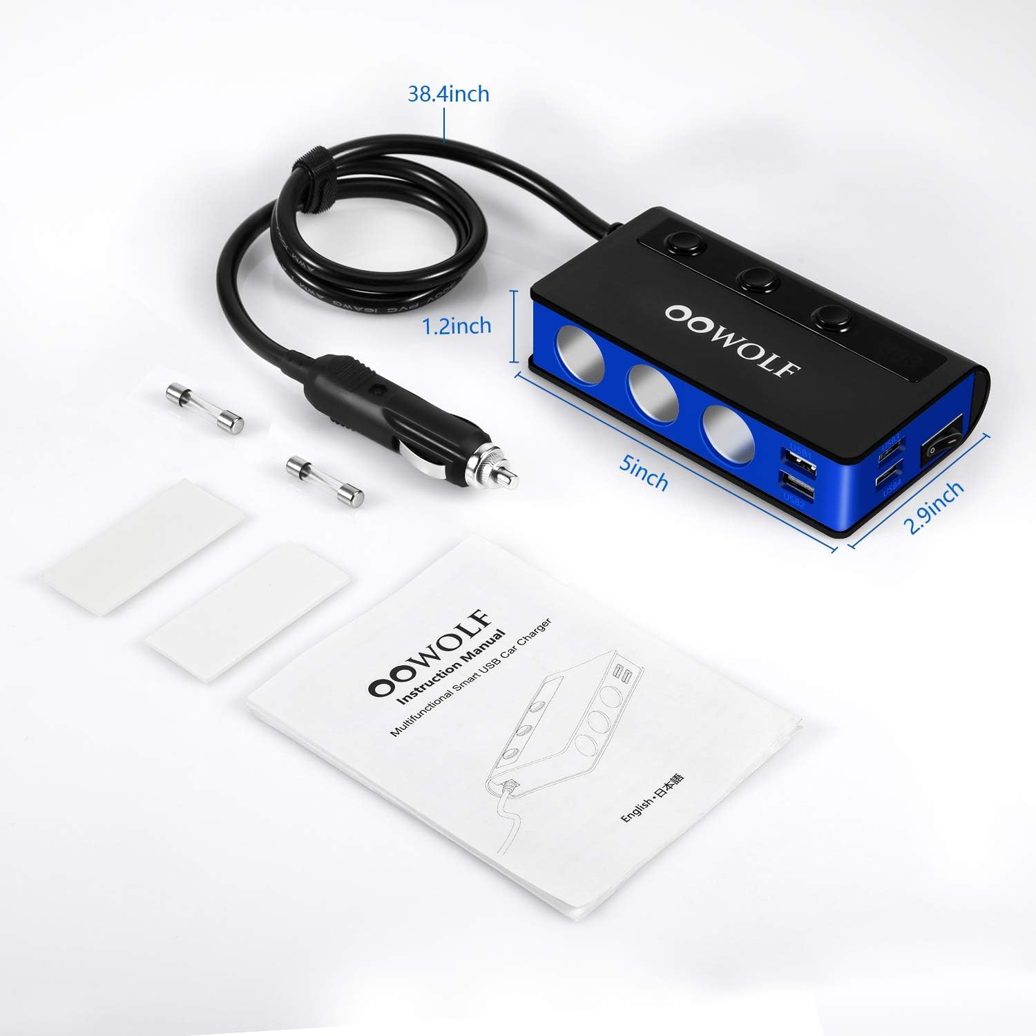 OOWOLF Caricatore Auto QC 3.0 180W 12V/24V Accendisigari con 3 Prese 4 Porte Display LED