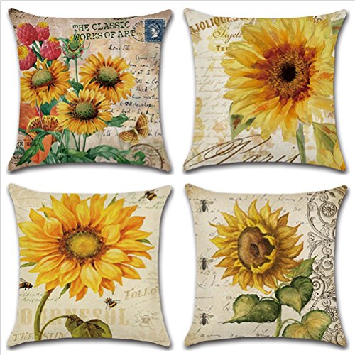 TOPNEW Decorative Vintage Floral Design Square Linen Throw Pillow Cover, Burlap Pillow Case Cushion Cover for Living Room Couch, Set of 4 - Sunflowers 18 x 18 Inches