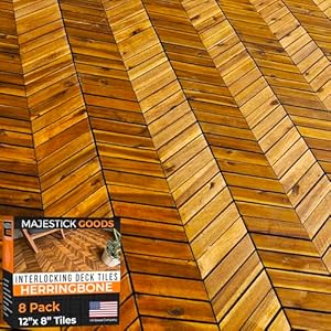 Interlocking Deck Tiles 12″ x 9″ Herringbone 6 Sq Ft – Non-Slip Acacia Wood Outdoor Tiles for Patio – Decking, Porch and Balcony Flooring Tiles – Easy to Install Wooden Deck Tile Pavers (8 Pack)