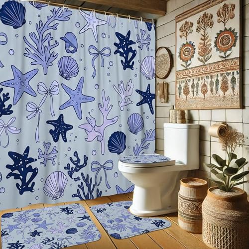 Rideau de douche polyester imperméable avec tapis déco bord de mer