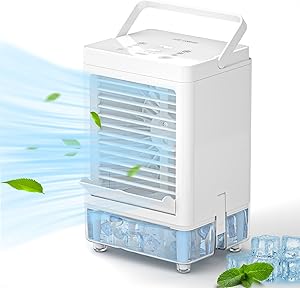 SOKOO Air Cooler Fan, Portable 5000mAh Rechargeable Battery Operated Air Conditioner Fan with 3 Wind Speed, Touch Control Cooling Fan with 800ml Water Tank Easy to Refill Water or Ice