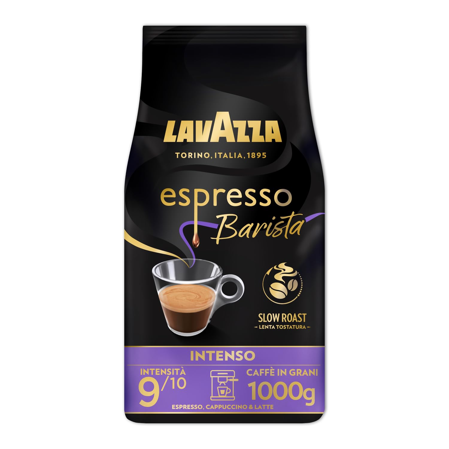 Lavazza, Espresso Barista Intenso, Caffè in Grani Tostati a Tamburo, Ideali per Macchine da Caffè Espresso, Note Aromatiche di Cacao e Legno, Arabica e Robusta, Intensità 9/10, 1 kg