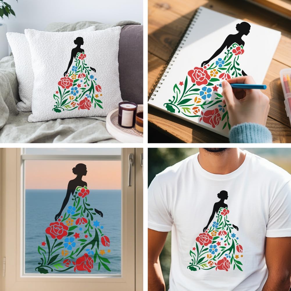 MAYJOYDIY Flowers Dress Lady Pattern Drawing Stencil 8.3x11.7inch Woman with Flower Skirt Painting Template with Paint Brush, Beauty Lady Stencil for Painting on Wood Wall Fabric Furniture image 4