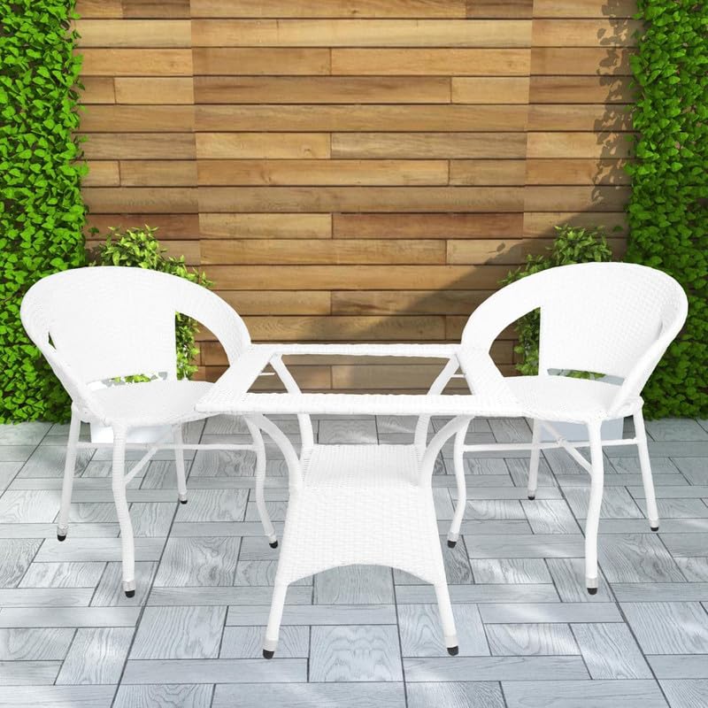 Image of Amazon Brand - Solimo Rattan and Wicker Garden Patio Seating Chair and Table Set Outdoor Balcony Garden Coffee Table Set Furniture with 1 Square Glass Top Table and 2 Chairs Set for Home (White)