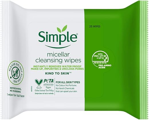Simple Kind To Skin Micellar Cleansing Wipes 25 wipes | Instantly Removes Water Proof Make-Up, Impurities & Unclogs Pores | Super Soft Face Wipes with Gentle Cleansers &…