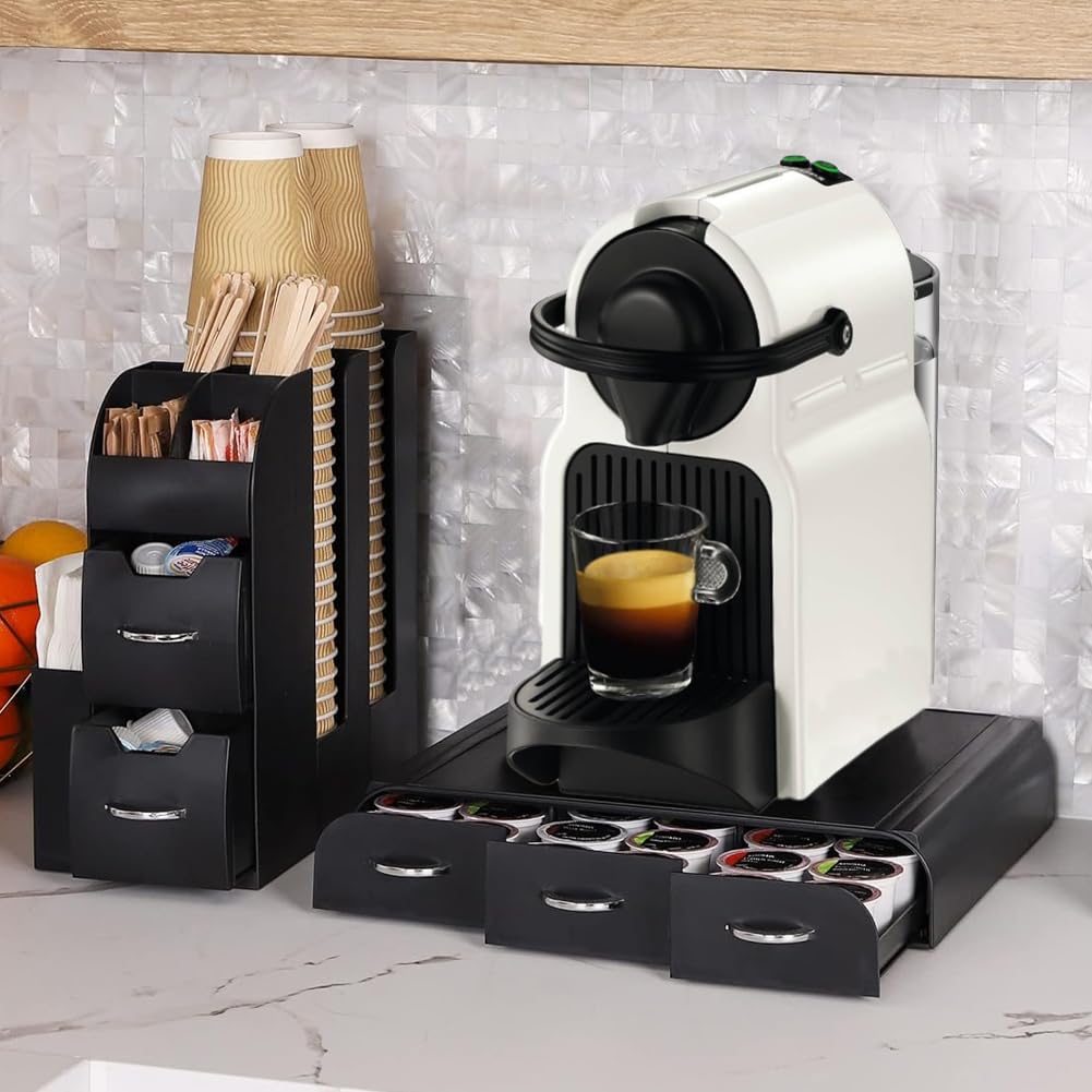 BAKAJI Coffee Station con Contenitore Portacapsule e Cassetto Sotto Macchina Caffè in Plastica Nero, Multiscomparto, Portacialde per Angolo Bar Organizer Organizzatore Porta Capsule Cialde Caffetteria