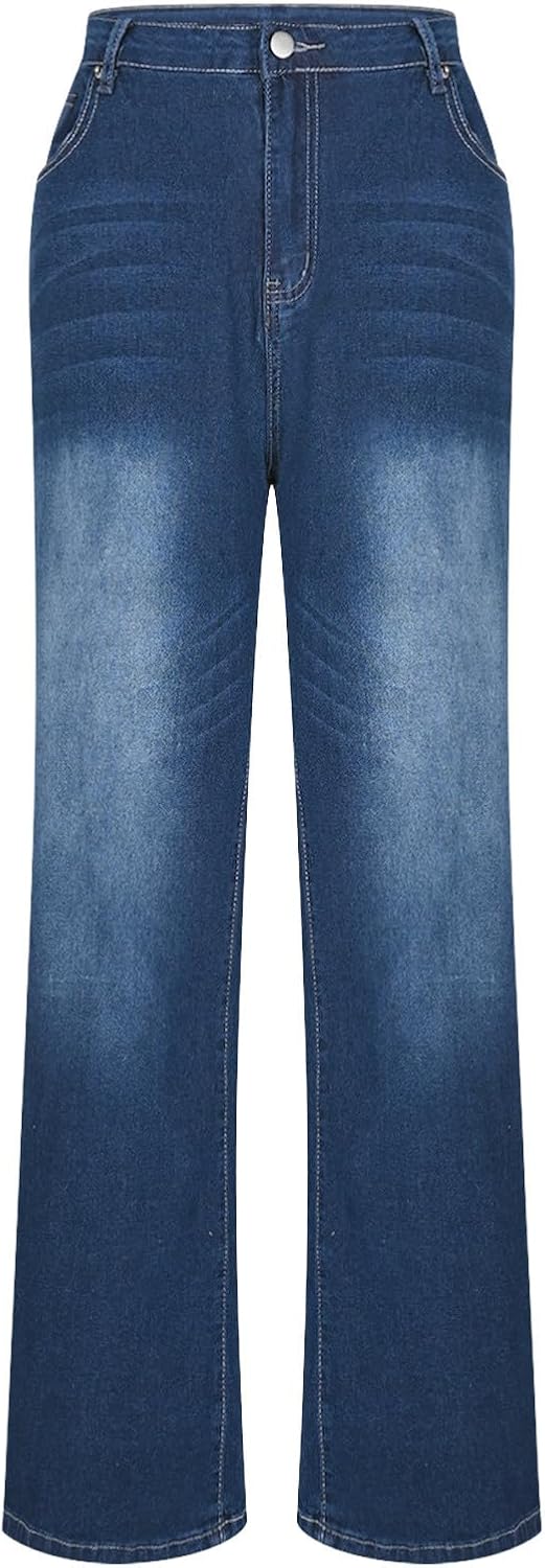 Febteebou Wide Leg Jeans for Women Casual High Waisted Strechy Straight Leg Loose Tummy Control Denim Pants with Pocket
