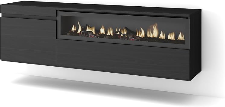 Skraut Home | TV Unit, Stand Cabinet | Entertainment Center | 150x45x35cm | For TVs up to 65" | Electric Fireplace | Wall-mount, suspended | Modern Style | Black