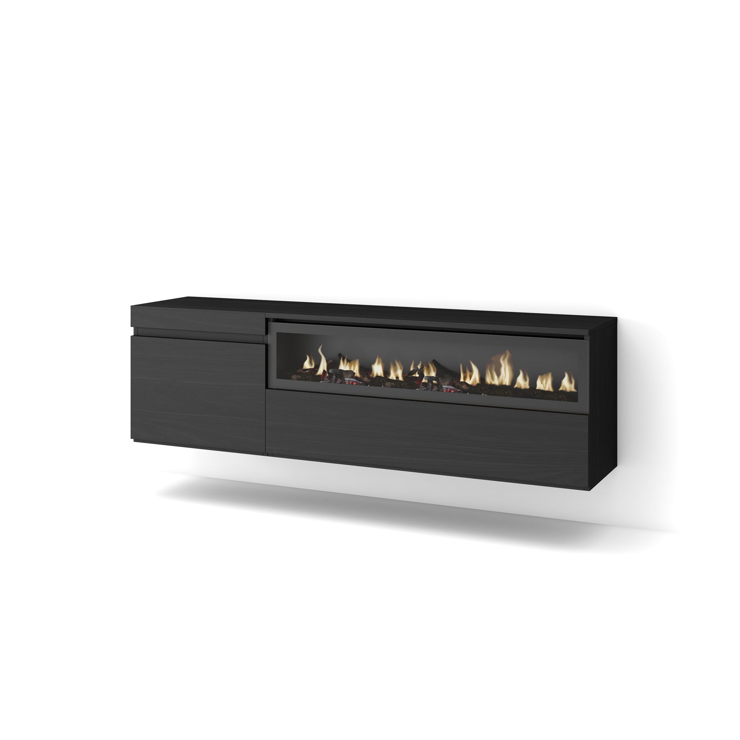 Skraut Home | Mobile TV Soggiorno | Ampio spazio a disposizione | 150x45x35cm | Per TV fino a 65" | Camino elettrico | Sospeso, da appendere | Stile moderno | Nero