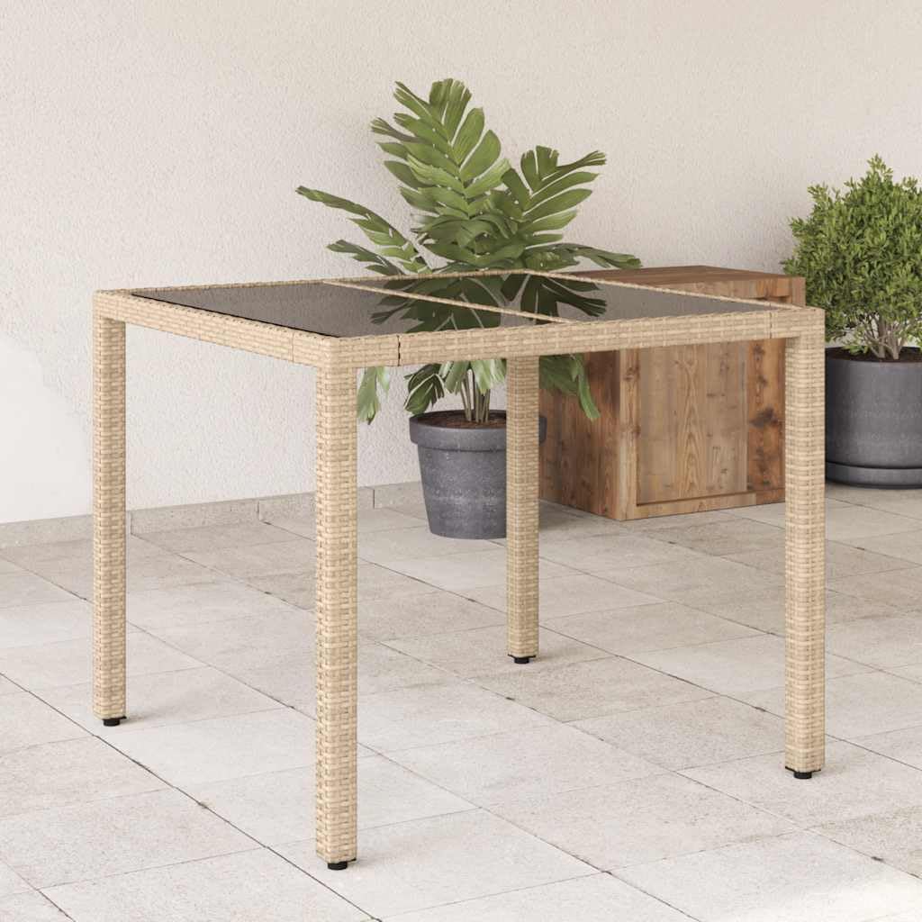 Fengshui Stół ogrodowy ze szklanym blatem, beżowy, 90 x 90 x 75 cm
