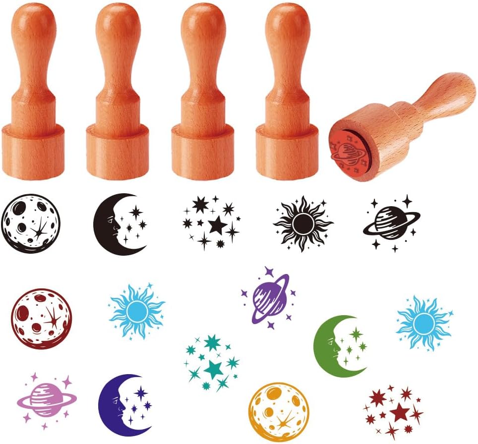 AHANDMAKER 5 Styles Mini Wooden Rubber Stamps, Stars and Moon Patterns Round Handle Wood Stamps Celestial Theme Wooden Stamp for DIY Crafting Card Making Letter Diary Decoration(No Ink Include